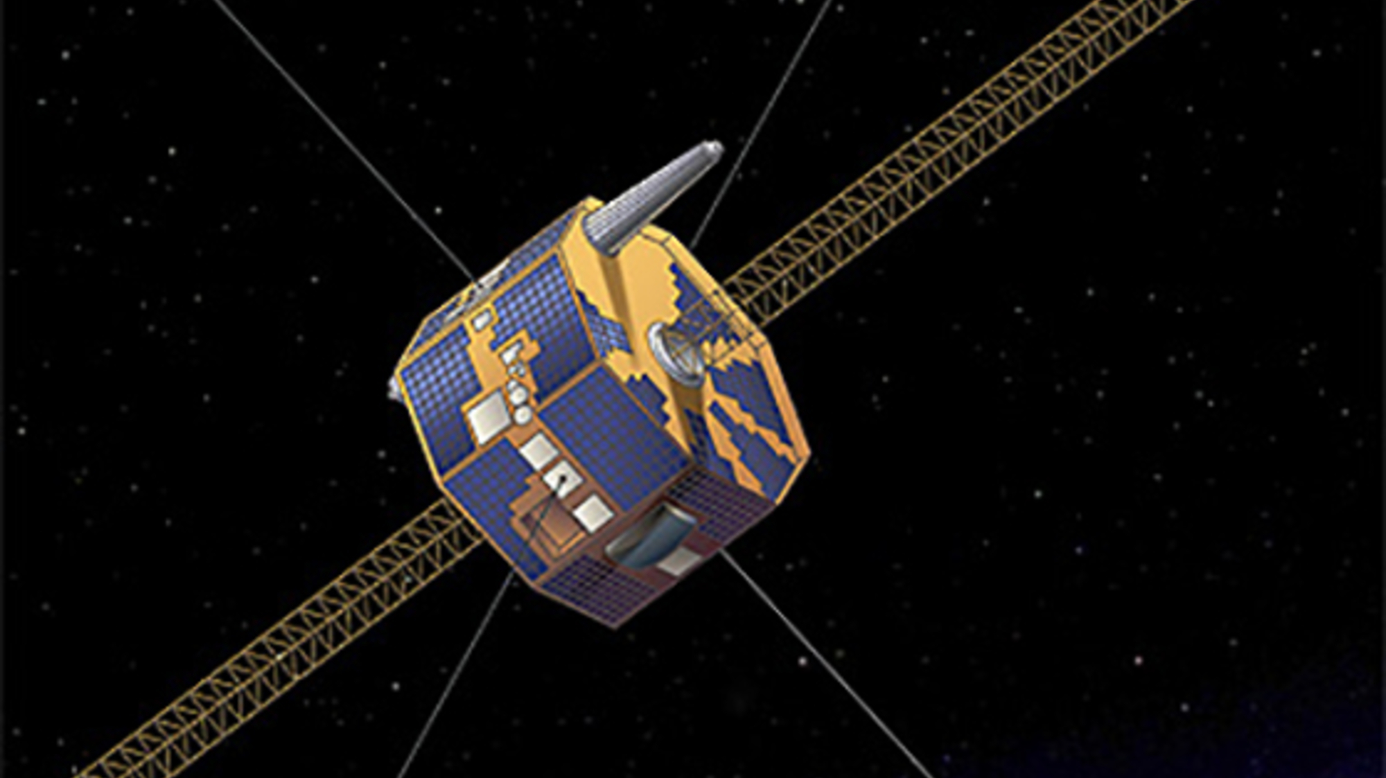 A cylindrical IMAGE spacecraft in space in an illustration.