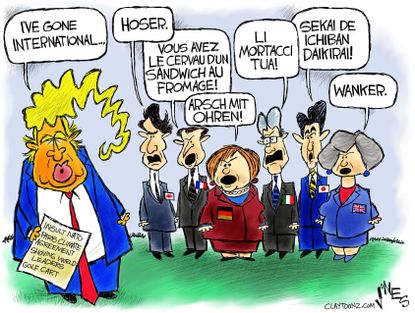 Political cartoon U.S. Trump abroad NATO shove climate change