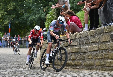GERAARDSBERGEN, BELGIUM - AUGUST 22: Mathieu Van Der Poel of Netherlands and Team Alpedin - Deceuninck competes passing through Wall of Geraardsbergen during the 20th Renewi Tour 2025, Stage 3 a 181.8km stage from Aalter to Geraardsbergen / #UCIWT / on August 22, 2025 in Geraardsbergen, Belgium. (Photo by Luc Claessen/Getty Images)