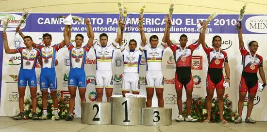 Men's team sprint podium: Venezuela (2nd), Colombia (1st) and Trinidad and Tabago (3rd)
