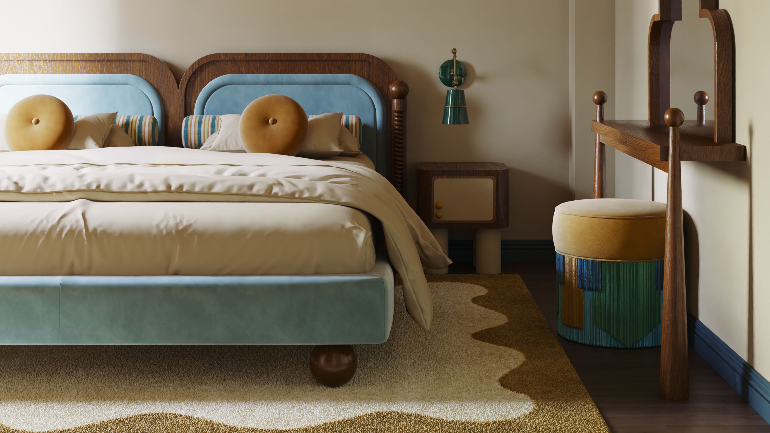 mid century modern bedroom with blue, brown, and cream bed with bun feet, patterned rug with squiggle border, vanity unit with ottoman