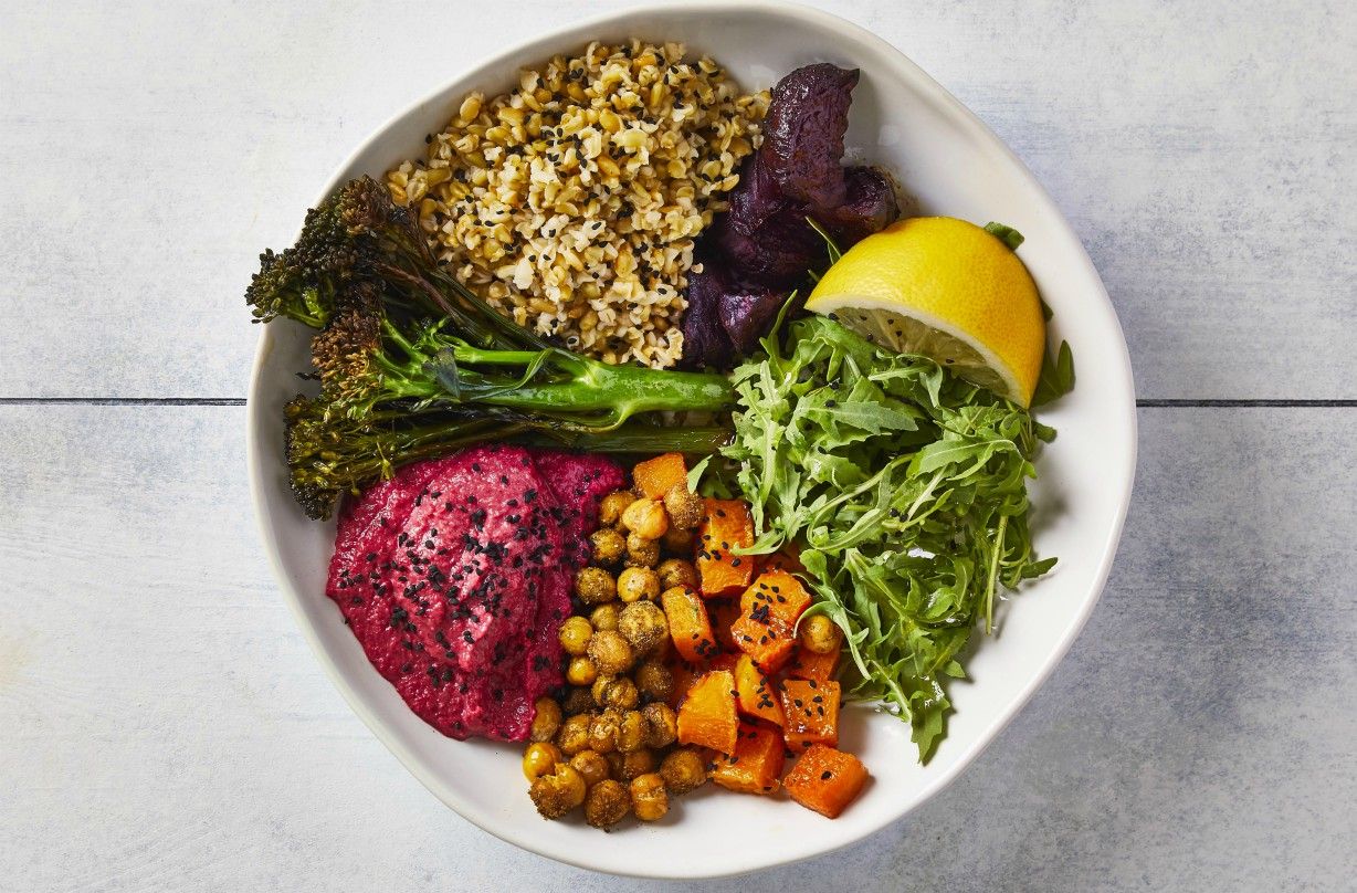 Gousto&#039;s beetroot hummus and roast veg buddha bowl