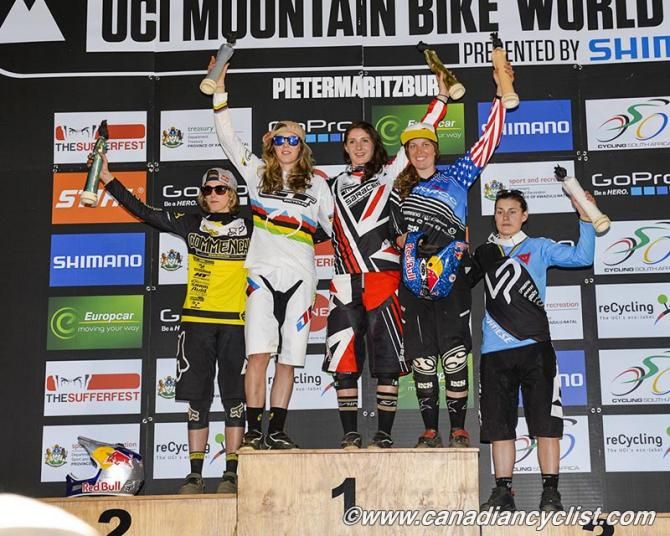 Pietermaritzburg World Cup women's podium: L to R - Myriam Nicole, Rachel Atherton, Manon Carpenter, Jill Kintner, Emmeline Ragot