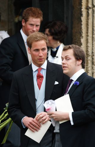 Prince Harry, Prince William, and Tom Parker Bowles all wear suits while attending Laura Parker Bowles' wedding in May 2006