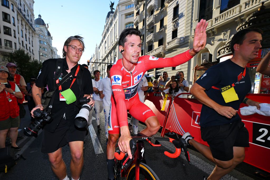 MADRID SPAIN SEPTEMBER 08 Primoz Roglic of Slovenia and Team Red Bull Bora hansgrohe Red Leader Jersey celebrates at finish line as final overall winner during the La Vuelta 79th Tour of Spain 2024 Stage 21 a 246km individual time trial stage from Madrid to Madrid UCIWT on September 08 2024 in Madrid Spain Photo by Tim de WaeleGetty Images