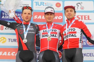 The stage 3 podium: Alberto Cecchin, Andre Greipel and Kris Boeckmans