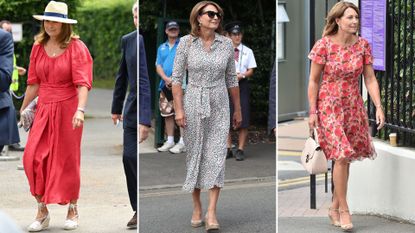 Composite of Carole Middleton wearing wedges to Wimbledon in 2021, 2018 and 2017