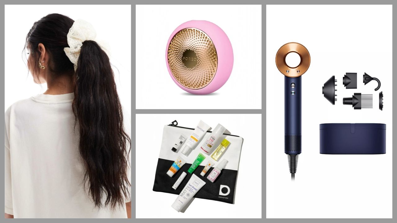 Product collage of Dyson Supersonic Hair Dryer, Foreo UFO™ 2, Best of Dermstore: Skin Cancer Foundation x Dermstore Sun Protection Kit, ASOS DESIGN Scrunchie Hair Tie With Lace Detail in Ivory on white background with grey border