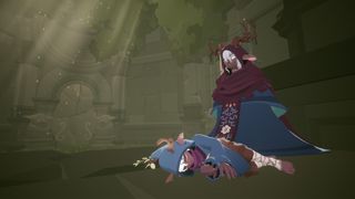 two hooded figures, one lays on the floor and another stands over them