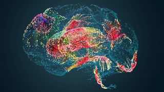 conceptual illustration showing the human brain depicted in blue with various neural networks highlighted using colorful dots
