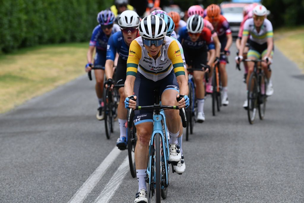 CAMPBELLTOWN AUSTRALIA JANUARY 17 Brodie Chapman of Australia and Trek Segafredo leads during the 7th Santos Womens Tour Down Under 2023 Stage 3 a 932km stage from Torrens Foot Bridge Adelaide to Montacute Road Campbelltown TourDownUnder UCIWWT on January 17 2023 in Campbelltown Australia Photo by Tim de WaeleGetty Images