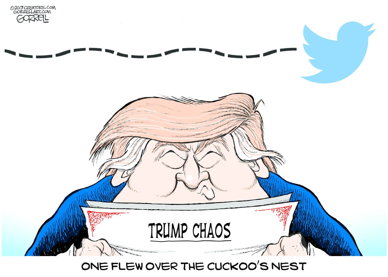 Political cartoon U.S. Trump tweets White House chaos cuckoo&amp;#039;s nest