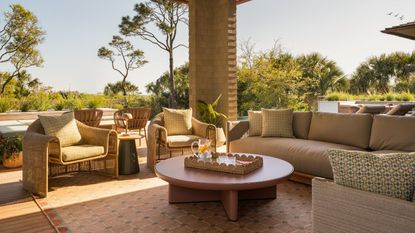 Outdoor living room with basket chairs, sofa and outdoor rug in an earthy palette