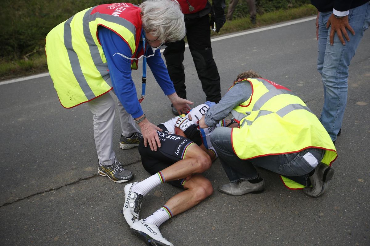 Giro delle Fiandre 2020 Tour des Flandres Ronde van Vlaanderen Antwerp Oudenaarde 2433 km 18102020 Crash Julian Alaphilippe FRA Deceuninck Quick Step photo Dion KerckhoffsCVBettiniPhoto2020