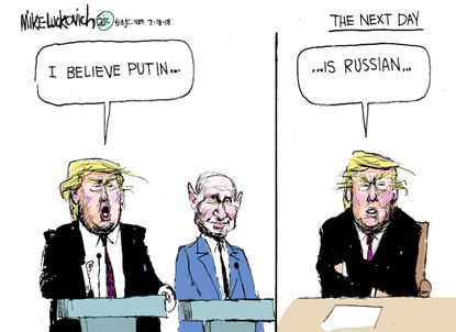 Political cartoon U.S. Trump Putin Helsinki summit Russia investigation collusion