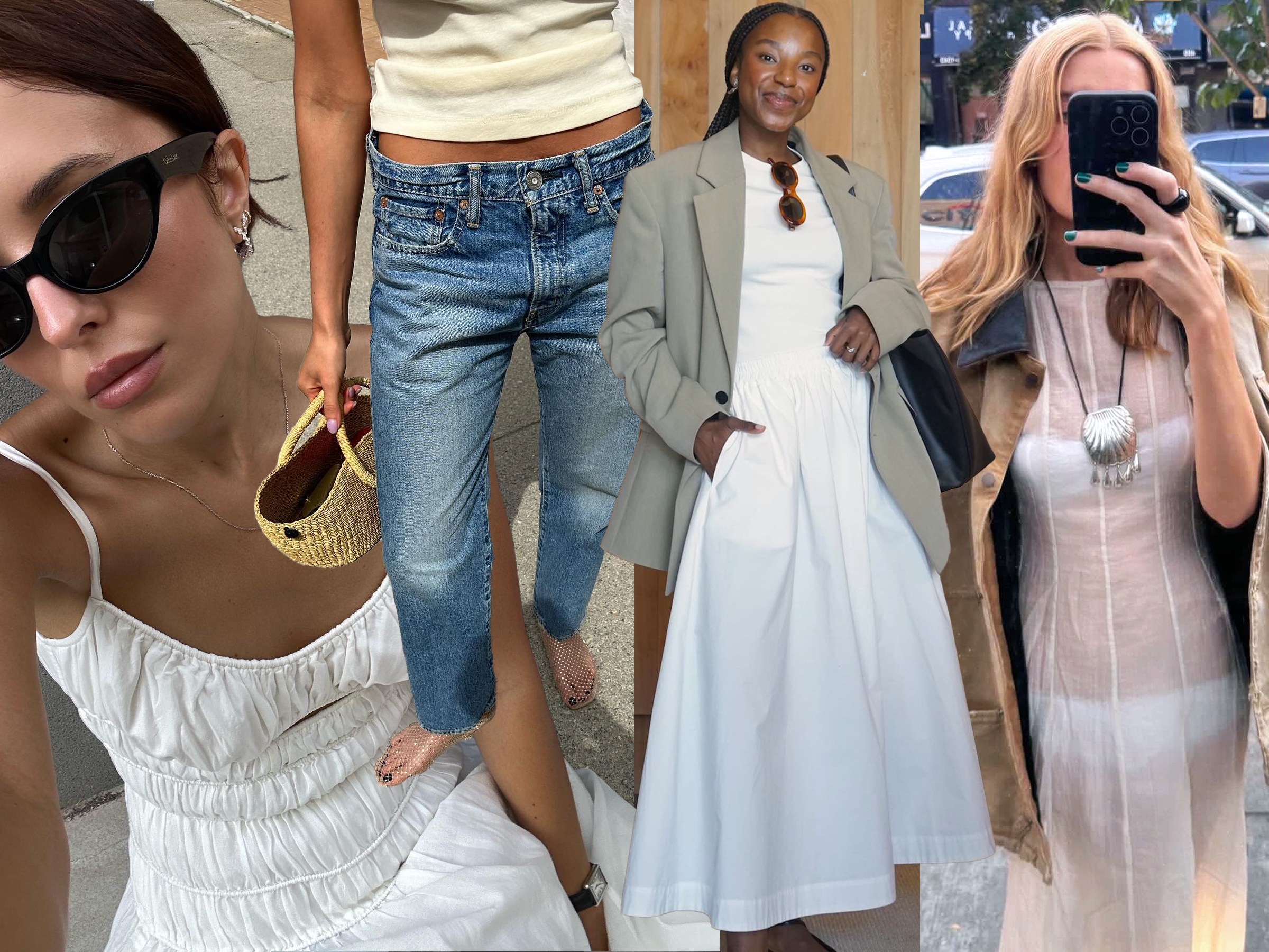 fashion collage of style influencers including Debora Rosa, Marianne Smyth, Taffy Msipa, and Courtney Grow wearing elevated summer pieces