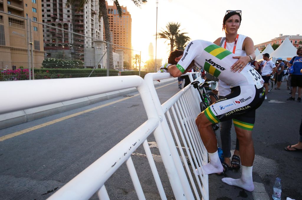 Michael Matthews' wife consoles the Australian after his fourth place