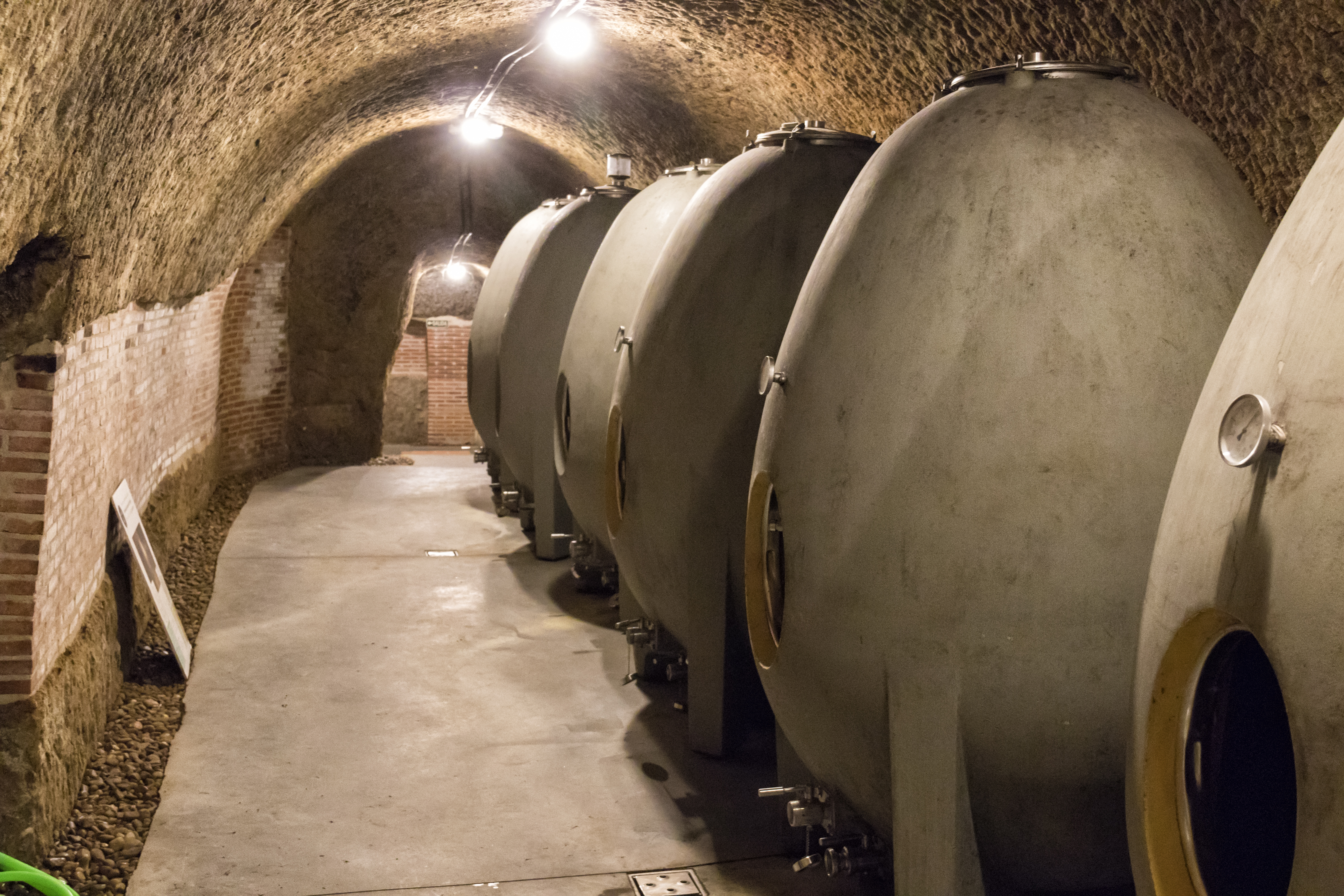 A line of large concrete eggs in a cellar