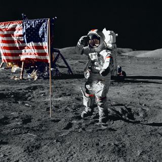 Cernan salutes the American flag after arriving safely on the moon on Dec. 11, 1972.