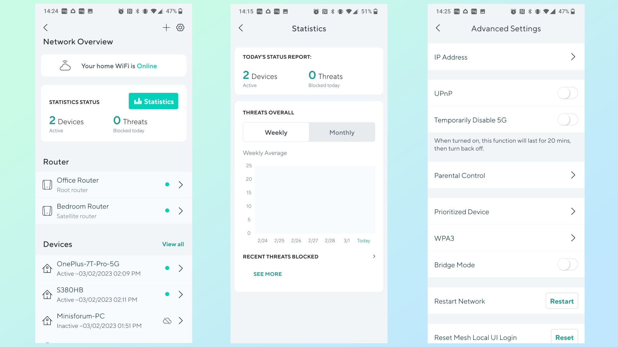 Screenshots showing the overview, statistics and advanced settings screens in the Wyze app