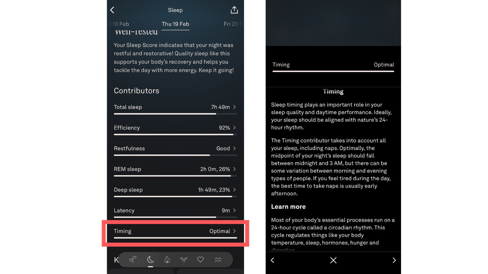 Oura sleep report screenshot highlight sleep timing metric