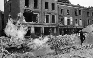 V1 Flying bomb incident at East Smithfield causing damage and casualties - also fractured gas and water mains. Troops were quartered on the Thames Bank but escaped with slight injuries.