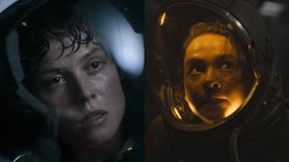 Sigourney Weaver pictured in Alien and Cailee Spaeny pictured in Alien: Romulus, both wearing spacesuits.