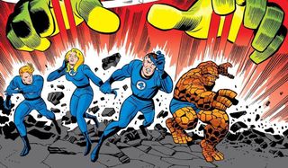 Fantastic Four running from gigantic hands