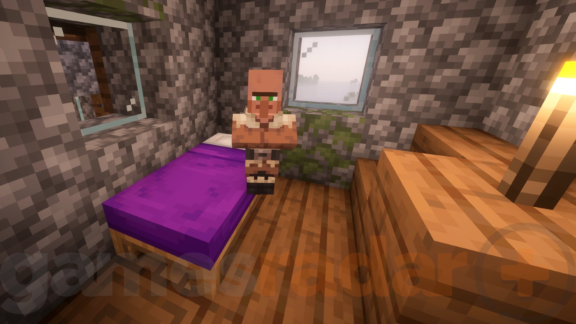 A Minecraft villager stands by a bed.