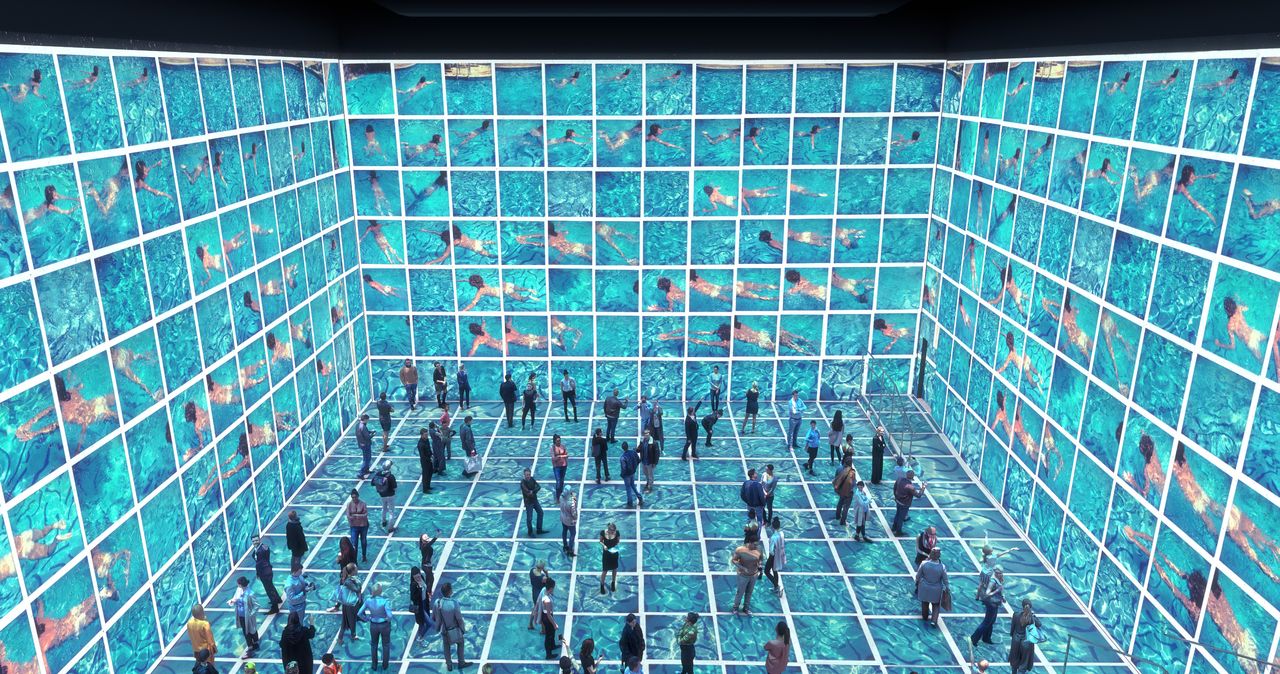 People stand inside installation of David Hockney’s &quot;Gregory Swimming Los Angeles March 31st 1982&quot;