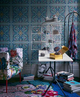 Blue wallpaper with maximalist design