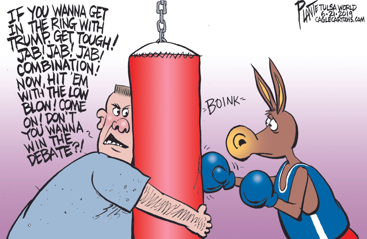 Political Cartoon U.S. Democrats Presidential Debates Boxing Ring