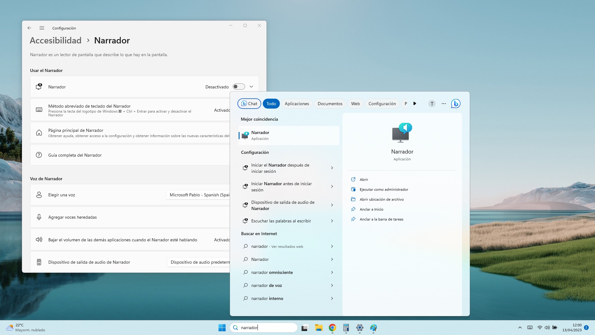 Captura de pantalla del Narrador de Microsoft