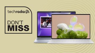 Dell XPS 13 and Inspiron 14 Plus on yellow background with don't miss text overlay