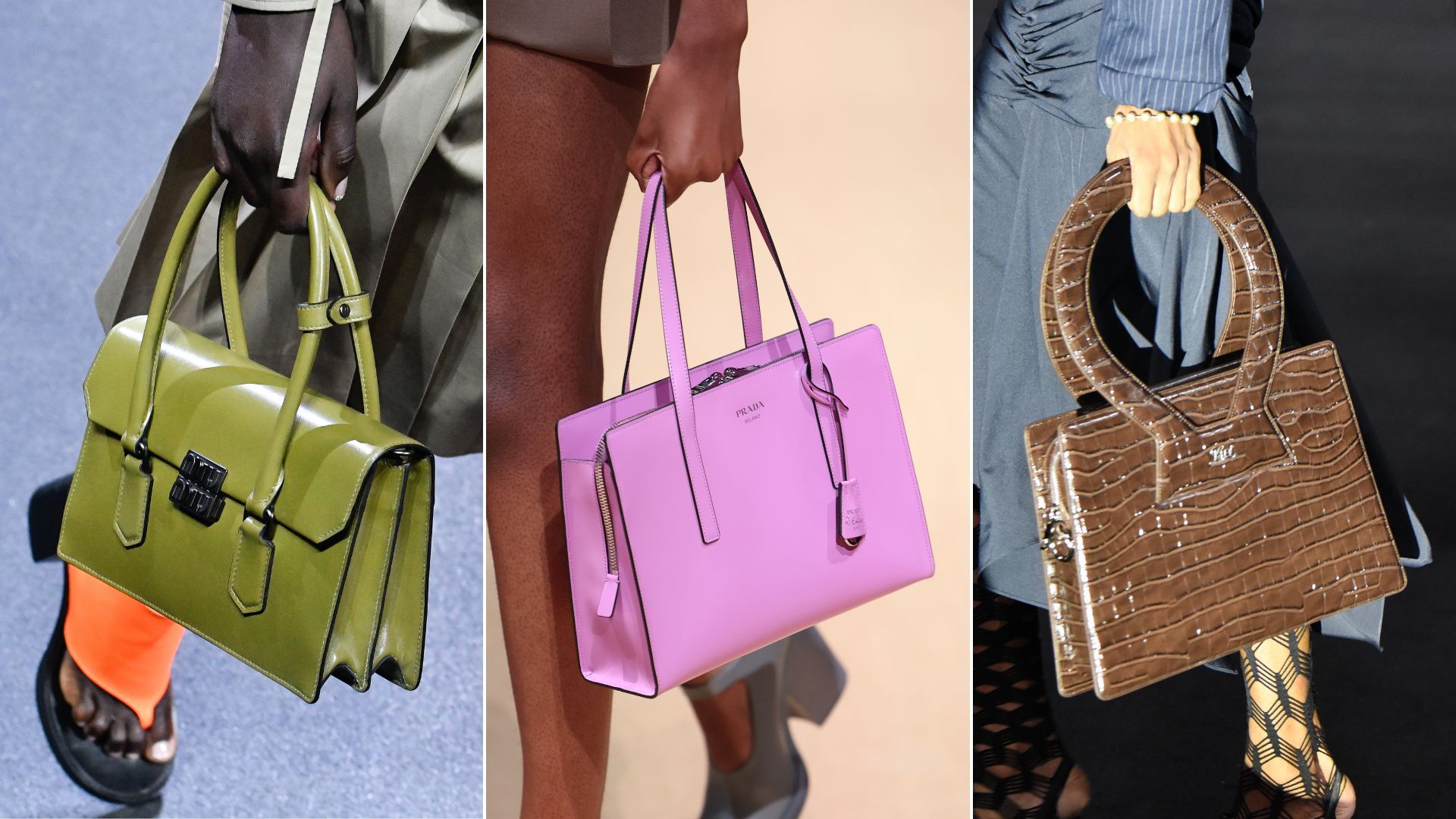 Three models carrying structured bags to illustrate the handbag trends 2023