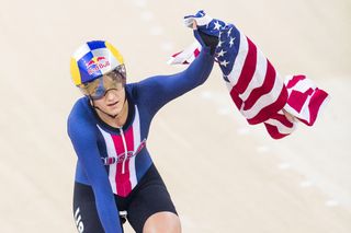 Chloe Dygert of Team USA celebrates winning the Women's Individual Pursuit Finals during 2017