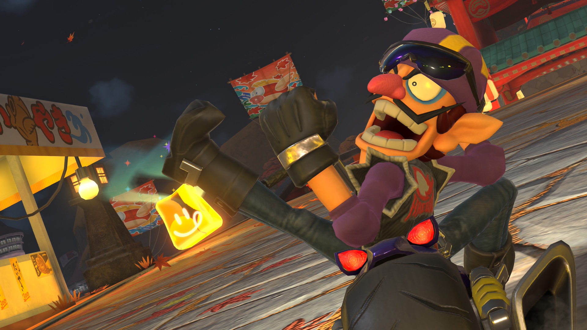 Biker Waluigi poses near the food stalls in Cheep Cheep Falls in Mario Kart World