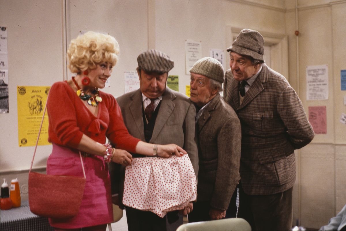 Jean Fergusson, Peter Sallis, Bill Owen and Michael Aldridge in a scene from episode &#039;The Kiss and Mavis Poskit&#039; of the BBC television sitcom &#039;Last of the Summer Wine&#039;, October 15th 1989