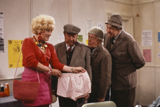 Jean Fergusson, Peter Sallis, Bill Owen and Michael Aldridge in a scene from episode 'The Kiss and Mavis Poskit' of the BBC television sitcom 'Last of the Summer Wine', October 15th 1989