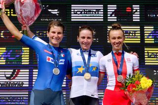 PLOUAY FRANCE AUGUST 27 Podium Elisa Longo Borghini of Italy Silver medal Annemiek Van Vleuten of The Netherlands European Champion Jersey Gold medal Katarzyna Niewiadoma of Poland Bronze medal Celebration Flowers during the 26th UEC Road European Championships 2020 Womens Elite Road Race a 1092km race from Plouay to Plouay GrandPrixPlouay GPPlouay on August 27 2020 in Plouay France Photo by Luc ClaessenGetty Images