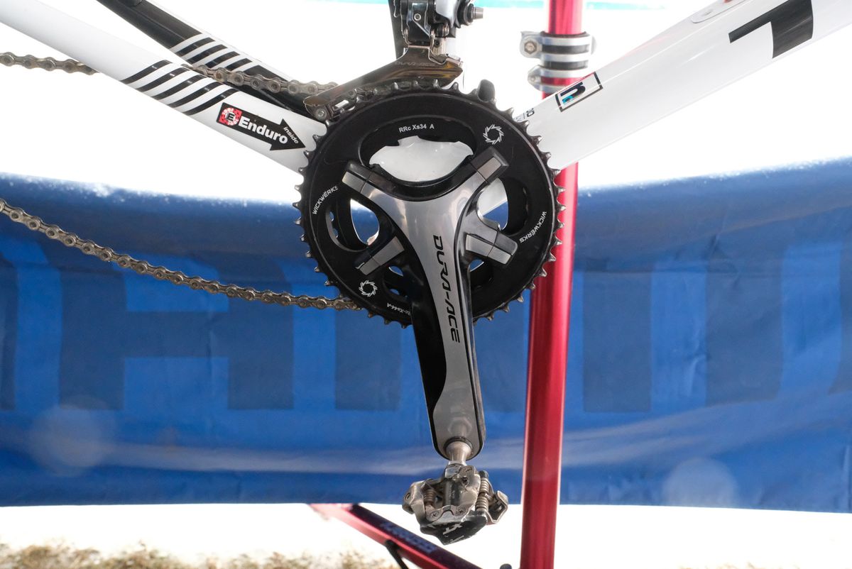 More Enduro ceramic bearings on the bottom bracket of Compton's Trek Boone, and a double Wickwerks front chainring in 44/34