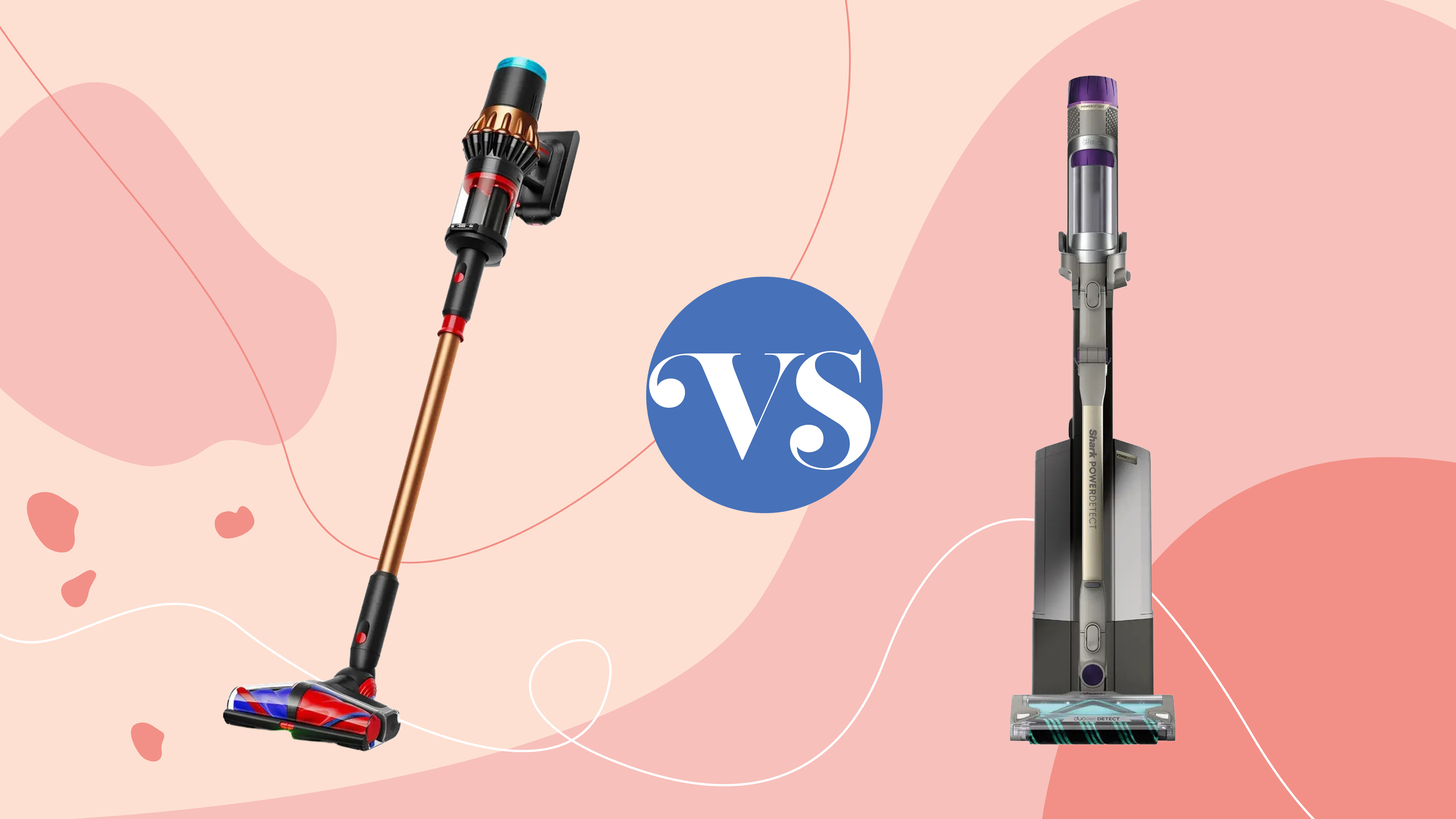 Dyson and Shark vacuums on a pink background