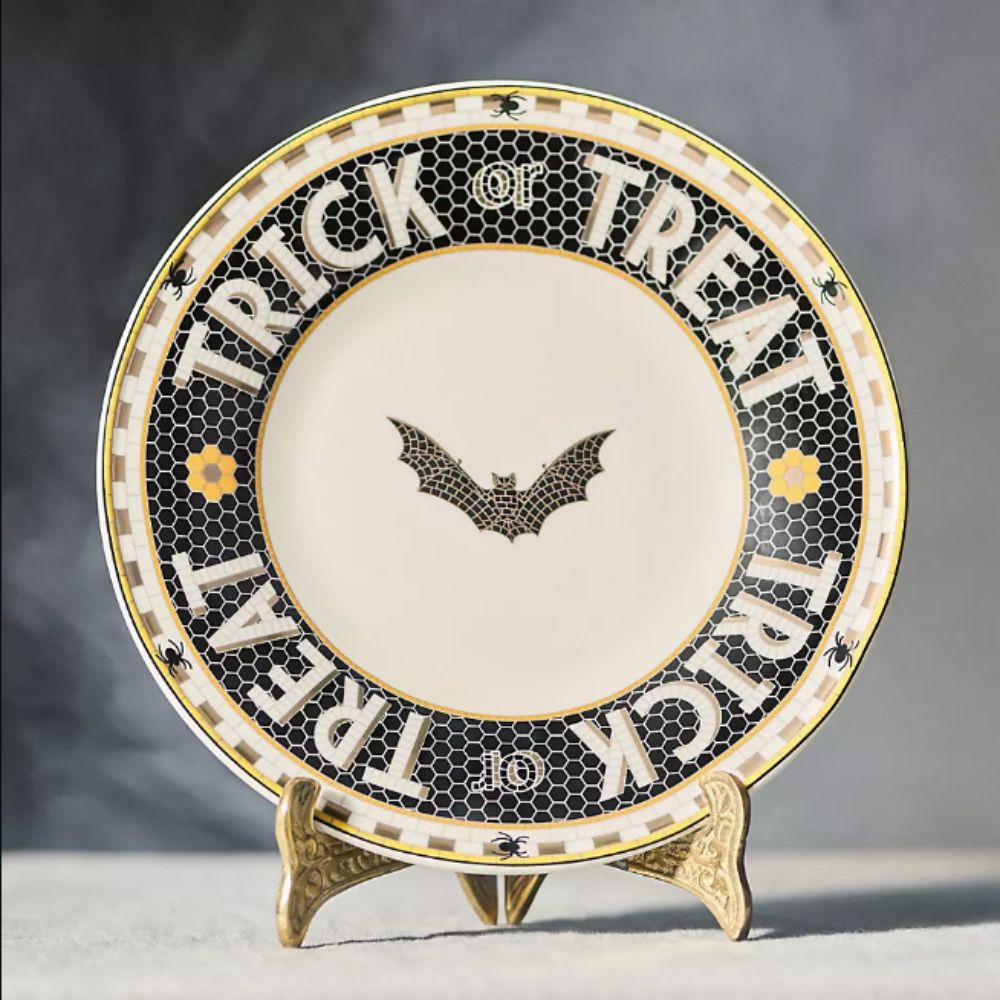 Trick or treat bistro tile halloween plate on a stand
