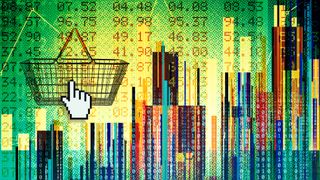 An abstract visualisation of data and bars alongside a shopping basket to represent the sale of data