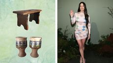 Kacey Musgraves in a pink dress and a staged green mossy background + Etsy finds on a green gradient