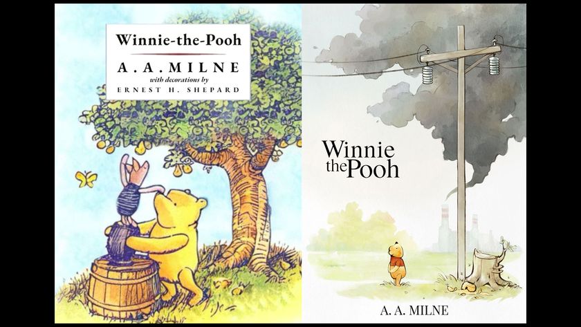 Winne the Pooh classic book cover next to one where Pooh&#039;s tree has been replaced with a telephone pole