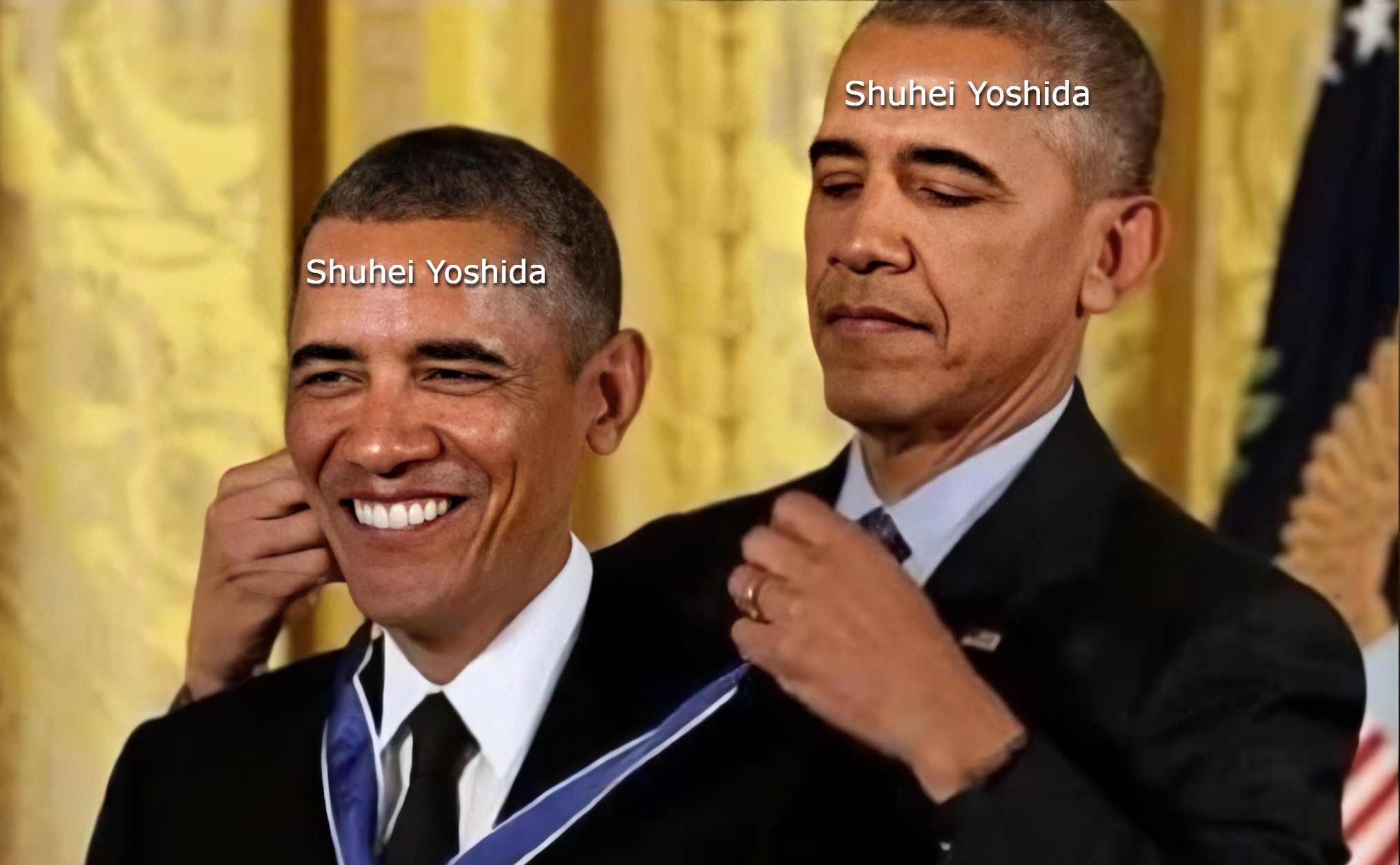 Obama giving himself an award with Shuei Yoshida text written on both Obamas