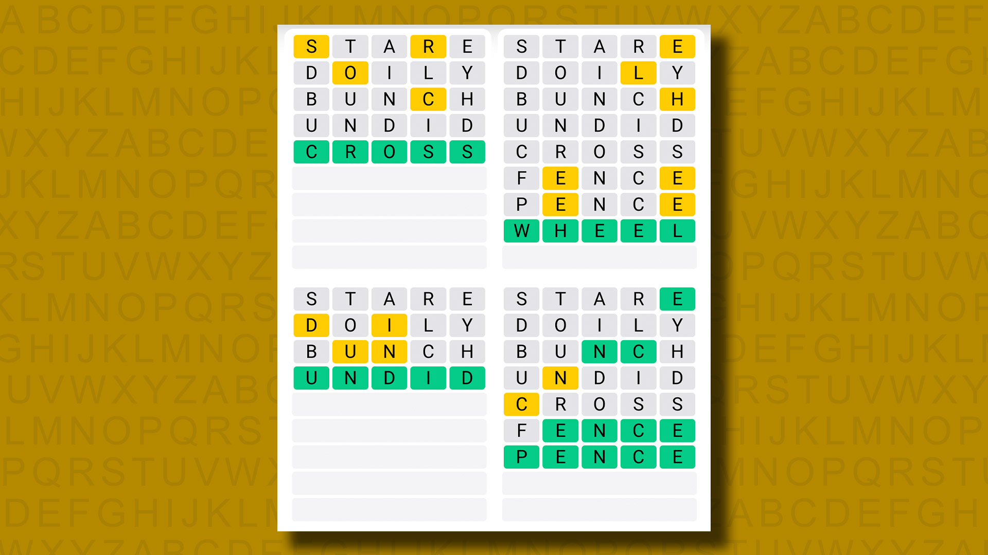 Quordle answers for game 1263 on a yellow background
