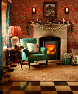 traditional living room with Morris & Co prints and a checkerboard floor decorated for christmas