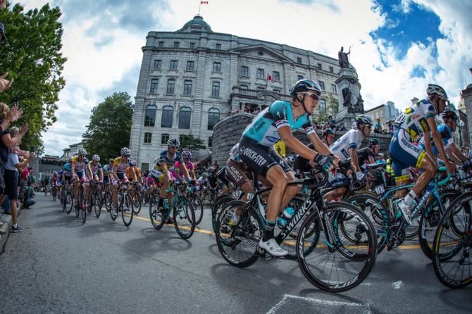 Niki Terpstra (Omega Pharma-QuickStep) in the peloton as it crests the Cote de la Montagne in Quebec City